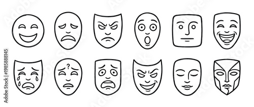 Collection of diverse facial expressions and emotion masks depicting a wide range of human feelings and moods in a simple outline style.