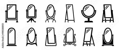 Set of standing mirrors, dressing mirrors, and floor mirrors featuring diverse designs and shapes, depicted as simple black line icons.