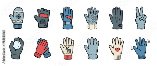 Collection of various colorful winter gloves and mittens in different styles and poses, perfect for cold weather activities and fashion.