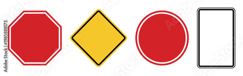 Blank road signs set including octagonal, diamond, circular, and rectangular shapes for various traffic warnings and regulations.