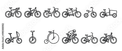 Collection of diverse bicycle icons representing various types of bikes, cycling activities, and personal transportation methods in a clean line art style.