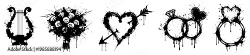Wedding icons including harp bouquet rings and hearts with artistic ink splatters and paint drips