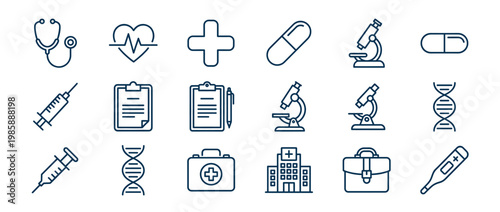 Collection of medical and healthcare line icons representing various aspects of medicine, science, and patient care in a clean, modern design.