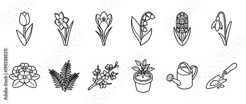 Outline spring flowers, plants, and gardening tools icon set for seasonal design elements and horticulture concepts.