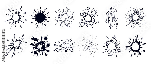 Collection of diverse hand-drawn ink splatters, paint splashes, and liquid drops in various shapes and styles, perfect for graphic design elements.