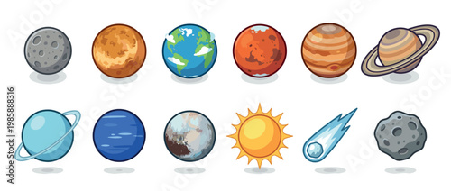 Cartoon solar system planets and celestial bodies set featuring Earth, Mars, Jupiter, Saturn, Sun, Moon, comet, and asteroid for educational design.