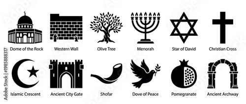 Religious and cultural symbols of Abrahamic faiths and the Middle East presented as a collection of black silhouette icons.