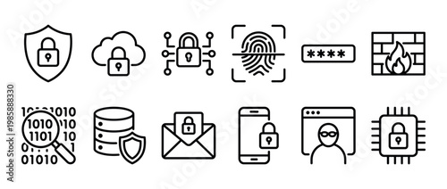 Cybersecurity icons set illustrating data protection, network security, biometric authentication, and digital privacy concepts for modern technology.