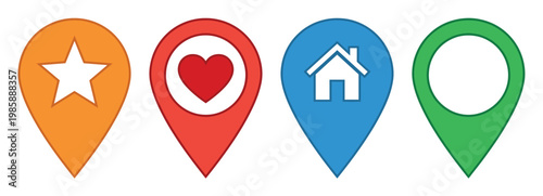 Colorful map pin icons with star, heart, and house symbols representing location, favorites, and home navigation.