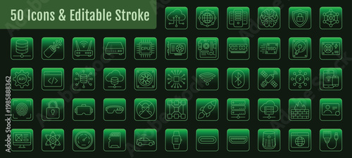 A digital icon set featuring modern technology elements, including devices, networks, and security symbols. Designed with clean, minimal style, these icons enhance user interfaces and improve visual c