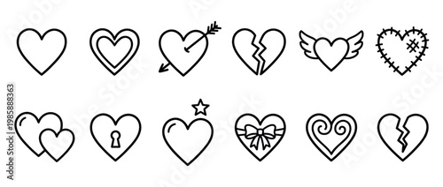Set of various heart symbols and love icons in a clean outline style, perfect for expressing affection and emotion.