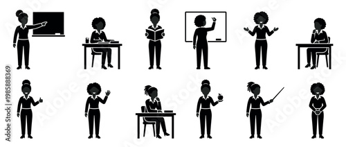 Collection of diverse female teachers in various poses and actions, depicting different aspects of education and classroom activities.