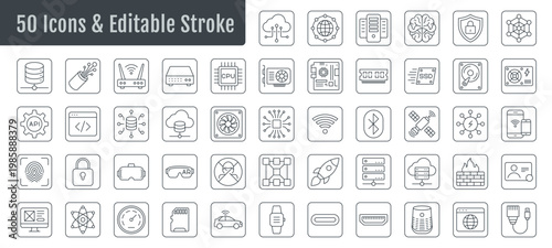 A digital icon set featuring modern technology elements, including devices, networks, and security symbols. Designed with clean, minimal style, these icons enhance user interfaces and improve visual c