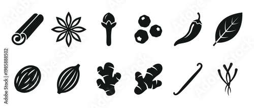 Various spices and herbs collection including cinnamon, star anise, clove, ginger, and vanilla bean for cooking and flavoring.