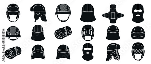 Collection of various protective headwear and winter hats, including balaclavas, helmets, and warm caps, presented as black silhouette icons.