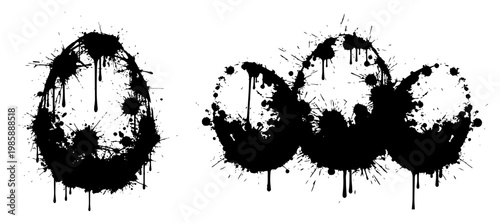 Foto Dinosaur eggs silhouettes with messy ink splatters and paint drips in grunge sty