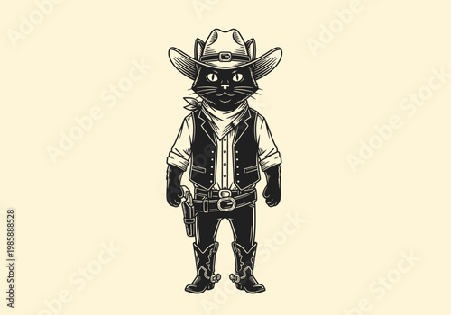 Vintage Cat Cowboy Outlaw Illustration - Retro Monochrome Western Feline Character with Hat and Boots