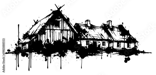 Old village houses with thatched roofs and ink splatters in grunge style