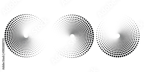 Three abstract swirling vortexes composed of numerous small black dots on a white background