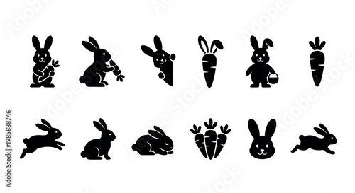 Collection of cute black silhouette rabbits and carrots icons in various poses and styles, perfect for spring, Easter, or animal-themed designs.