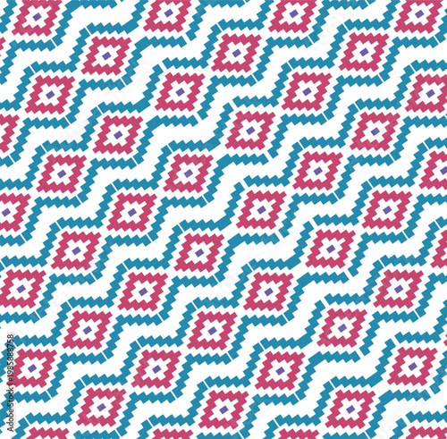 Colorful geometric zigzag pattern with diamond motifs in teal blue and pink tones on a light background. Seamless abstract design inspired by tribal and ethnic textiles, ideal for modern surfaces. 