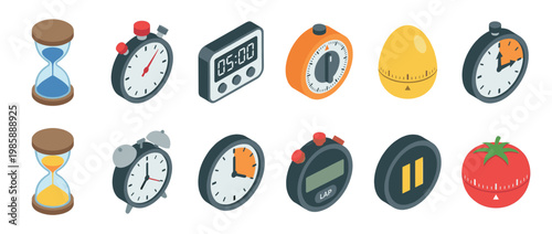 Isometric timer and clock icons collection featuring various timekeeping devices like hourglasses, stopwatches, and kitchen timers for measuring duration.