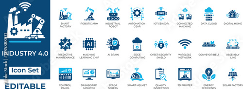 Industry 4.0 and smart factory vector icon set. Includes IoT, AI, robotics, automation, cyber security, and data cloud. Editable two-tone design.