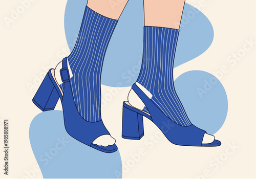 Stylish Vector Illustration of Women's Feet in Blue Block Heel Slingback Sandals with Striped Socks