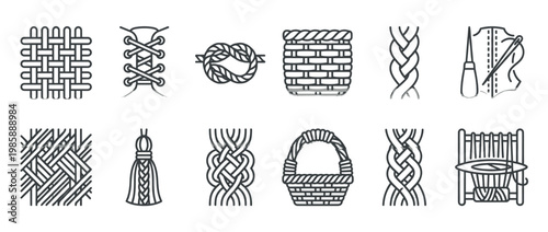Collection of weaving, braiding, and knot icons representing various textile crafts, patterns, and handmade techniques in a linear style.