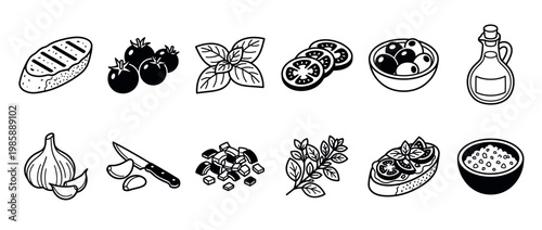 Collection of hand-drawn Italian bruschetta ingredients including bread, tomatoes, basil, garlic, and olive oil, perfect for culinary designs.