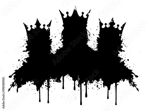 Three royal crowns silhouettes with messy ink splatters and dripping paint effects in grunge style