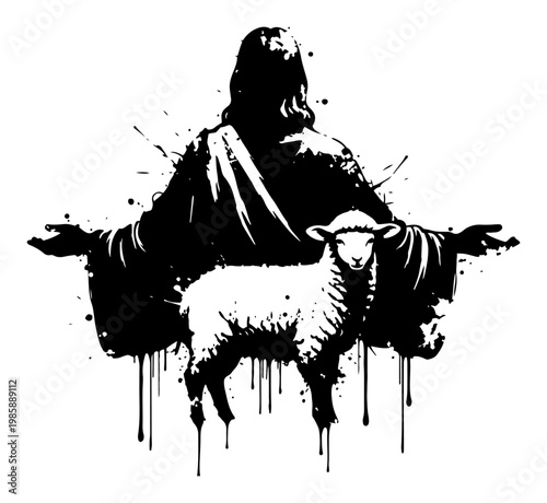 Jesus Christ silhouette with a lamb as the Good Shepherd featuring artistic ink splatters and paint drips
