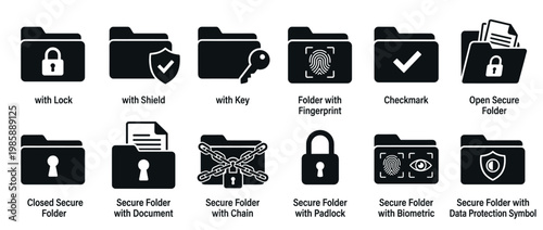 Secure folders data protection icons set illustrating various methods of digital security and confidential file management.