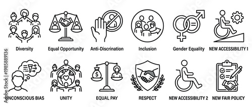 Collection of line art icons representing diversity, equality, inclusion, accessibility, and social justice concepts for modern ethical principles.