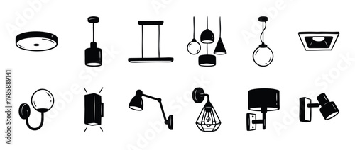 Lighting fixtures collection in hand-drawn style, showcasing various types of lamps and luminaires for home and commercial interior design.