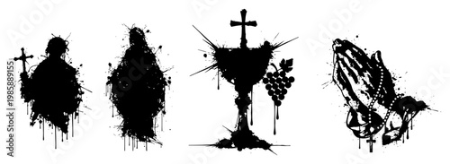 Christian religious symbols set including Jesus Mary chalice and praying hands with artistic ink splatters