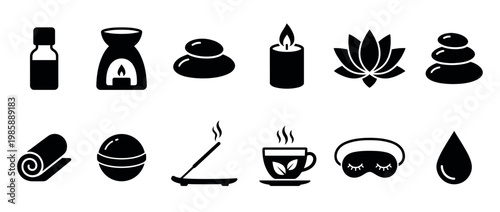 Spa wellness relaxation icons set for aromatherapy and self-care products and treatments, featuring essential oils, candles, and stones.