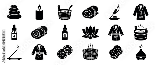 Spa wellness relaxation bath beauty therapy icons set featuring various elements for self-care, aromatherapy, and tranquil treatments.