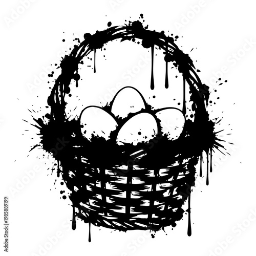 Easter basket with eggs silhouette in grunge ink splatter style