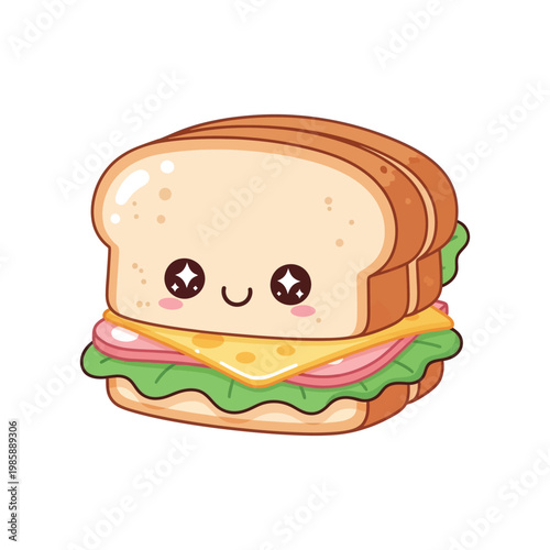 Cute cartoon sandwich with smiling face.
