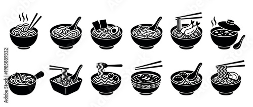 Collection of various Asian noodle bowls and soup dishes with chopsticks and spoons, presented as black and white icons.