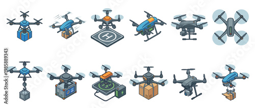 Drones delivering packages, charging, and flying, showcasing modern aerial technology and logistics solutions in a set of isometric illustrations.