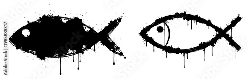 Christian fish ichthys symbols with ink splatters and dripping paint in grunge style