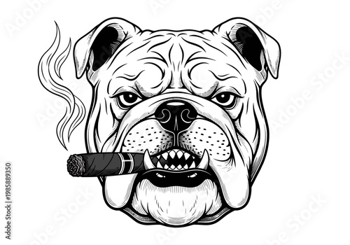 Bulldog Smoking a Cigar Mascot Logo - Tough English Bulldog Head with Tobacco Cigar Line Art Illustration for T-Shirt Design, Apparel, and Branding