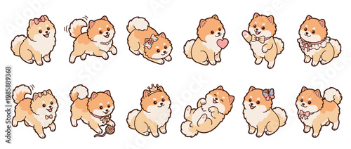 Cute Pomeranian dogs cartoon collection in various playful poses and with charming accessories, perfect for adorable pet-themed designs.