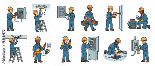 Electricians performing various tasks like installation, maintenance, and repair of electrical systems and components, demonstrating professional service.