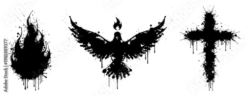 Holy Spirit dove fire flame and christian cross with ink splatters in grunge style