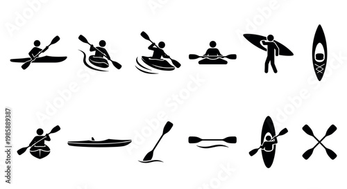 Collection of black silhouette icons depicting various kayaking and canoeing activities, including paddlers, boats, and paddles for water sports.
