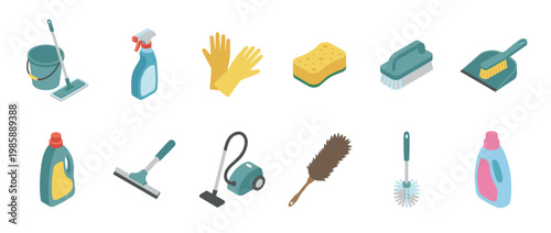 Cleaning supplies collection featuring various household tools and products for maintaining hygiene and tidiness in a modern home.