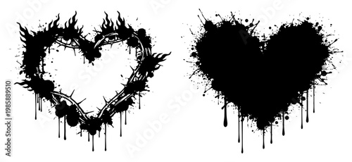 Heart with thorns and solid heart silhouette with artistic ink splatters and paint drips